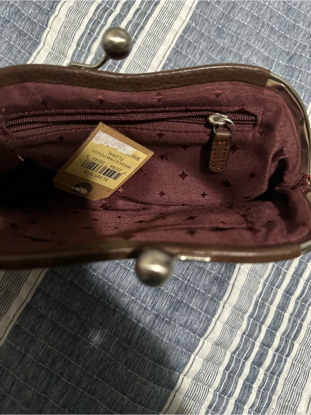Fossil Brown Leather Floral Appliqué Coin Purse with Teal and Yellow Accents